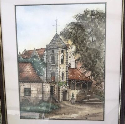 Aquarelle représentant une église en pierre au cœur d